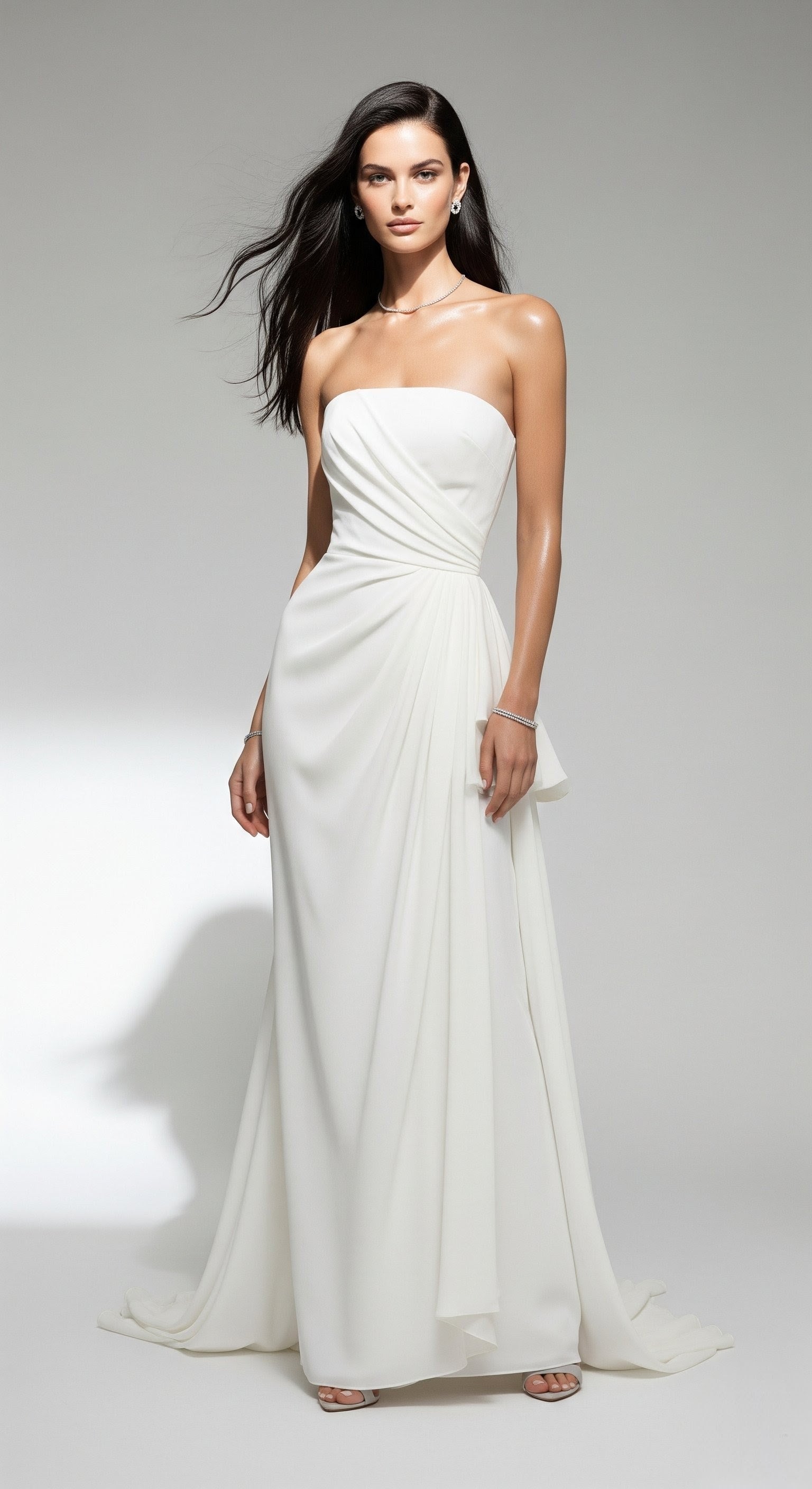Ethereal Draped Strapless White Gown